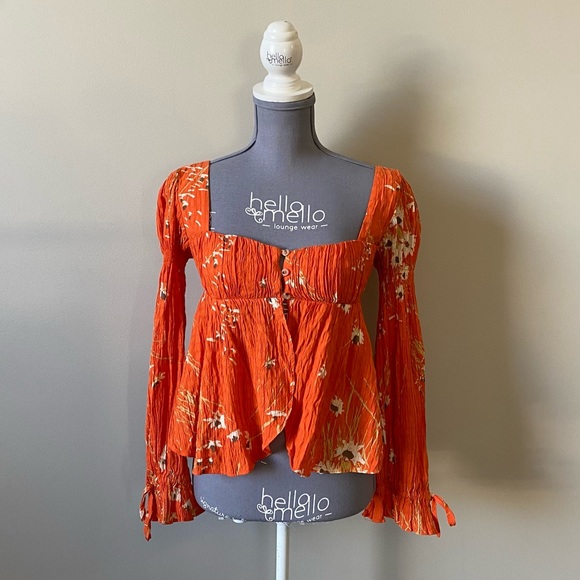 Urban Outfitters Allie tie sleeve orange floral button front bohemian blouse - Picture 2 of 11